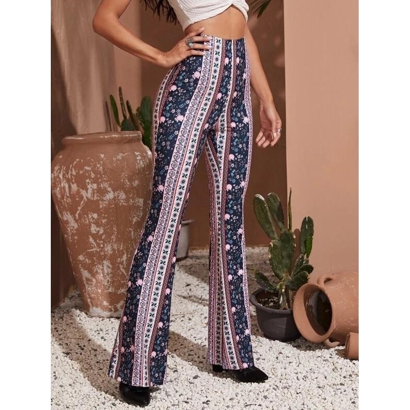 Floral And Tribal Print Flare Leg Pants - S