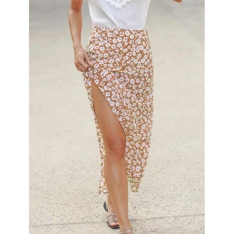 Floral Print Split Thigh Skirt - L