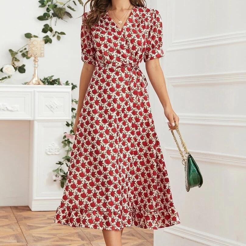 Floral Print Elastic Waist A-line Dress - Red, S