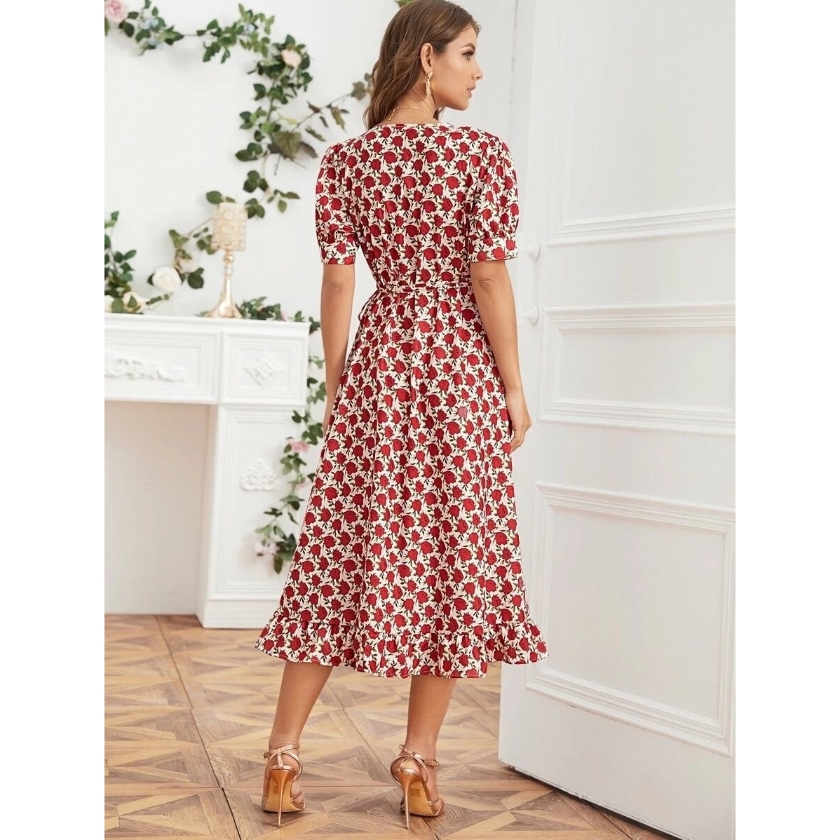 Floral Print Elastic Waist A-line Dress - Red, S