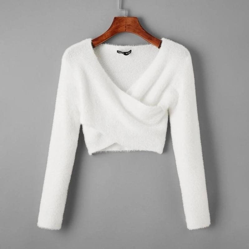 Fuzzy Knit Crisscross Cropped Sweater - White, L