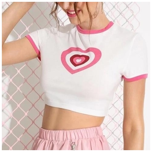 Heart Graphic Cropped Ringer Shirt Top Tee - M