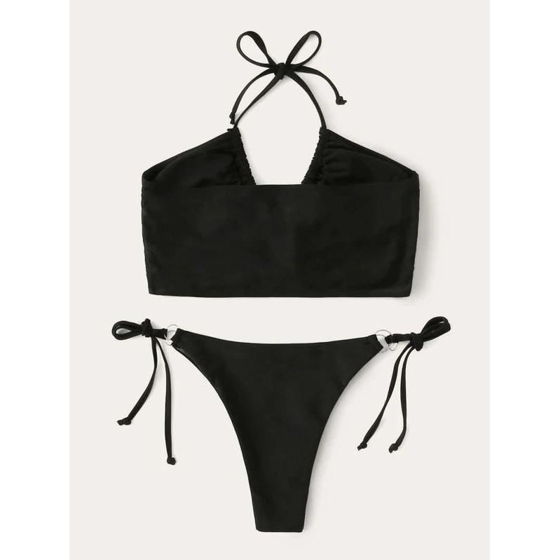 Halter Tie Front Ring-link Thong Bikini Swimsuit - S