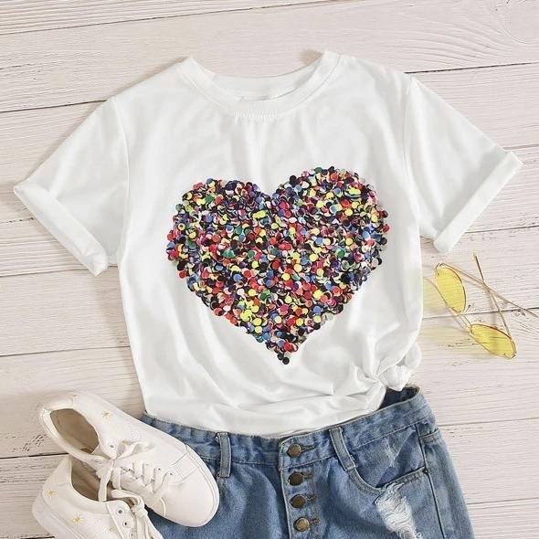 Heart Print Shirt Top Tee - M