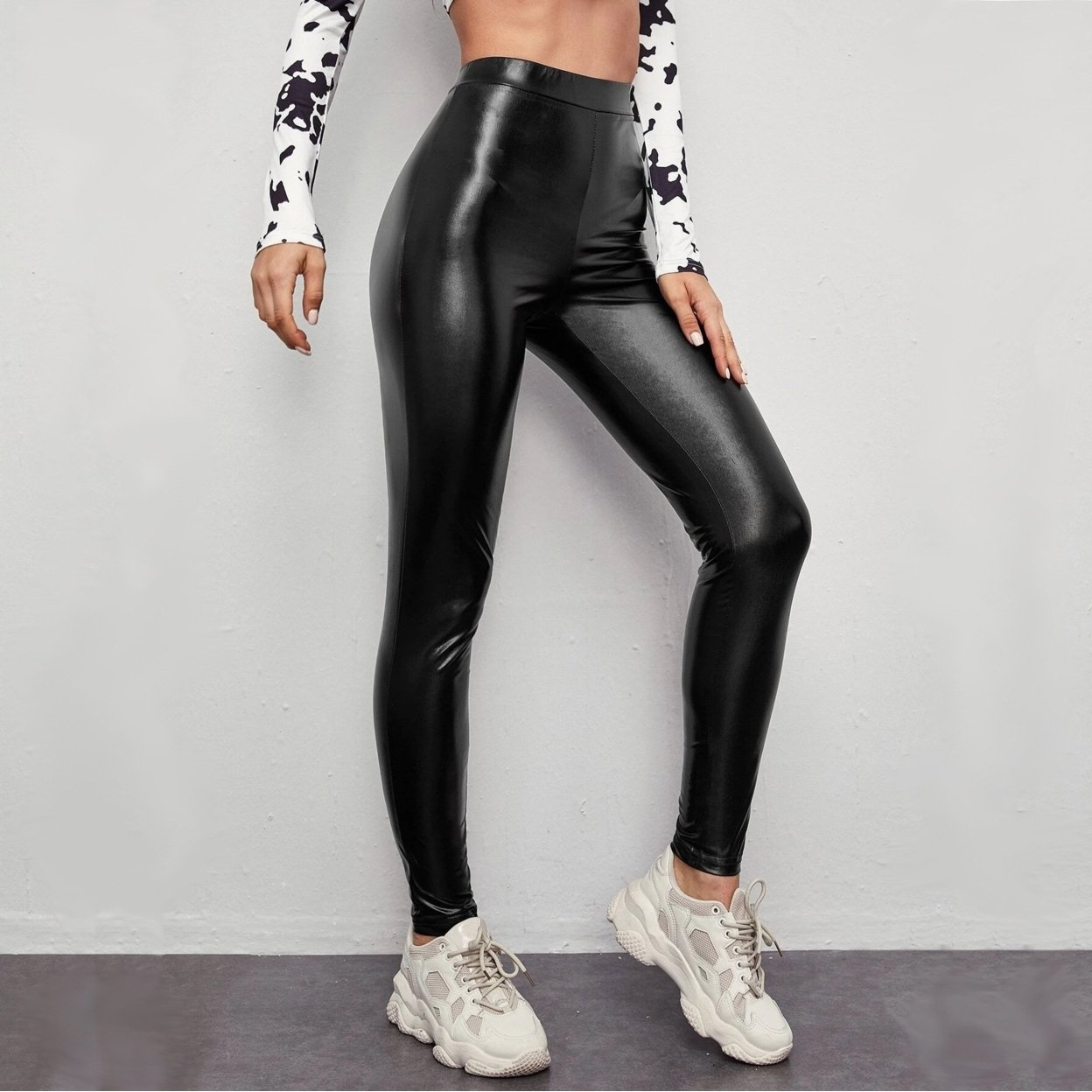 Leather Pants Women's High Waist Large Size Stretch Slim Slimming Feet Leggings - Xs
