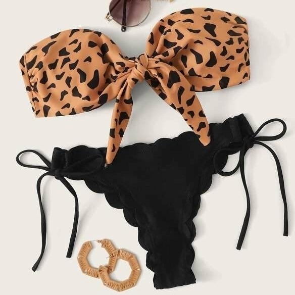 Leopard Knot Front Bandeau Bikini Swimsuit - L