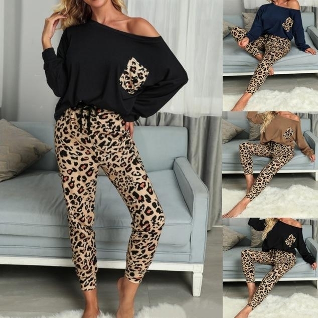 Leopard Print Pants Loose Top Set Two-Piece - Khaki, M
