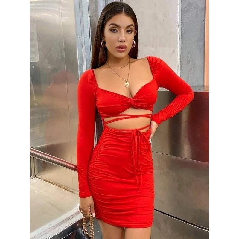 Neon Red Twist Front Lace Up Ruched Dress - L