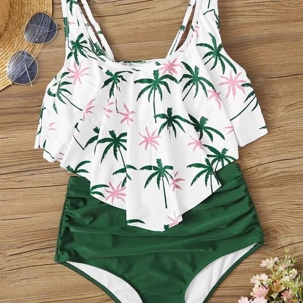 Palm Tree Ruched Bikini Swimsuit - M