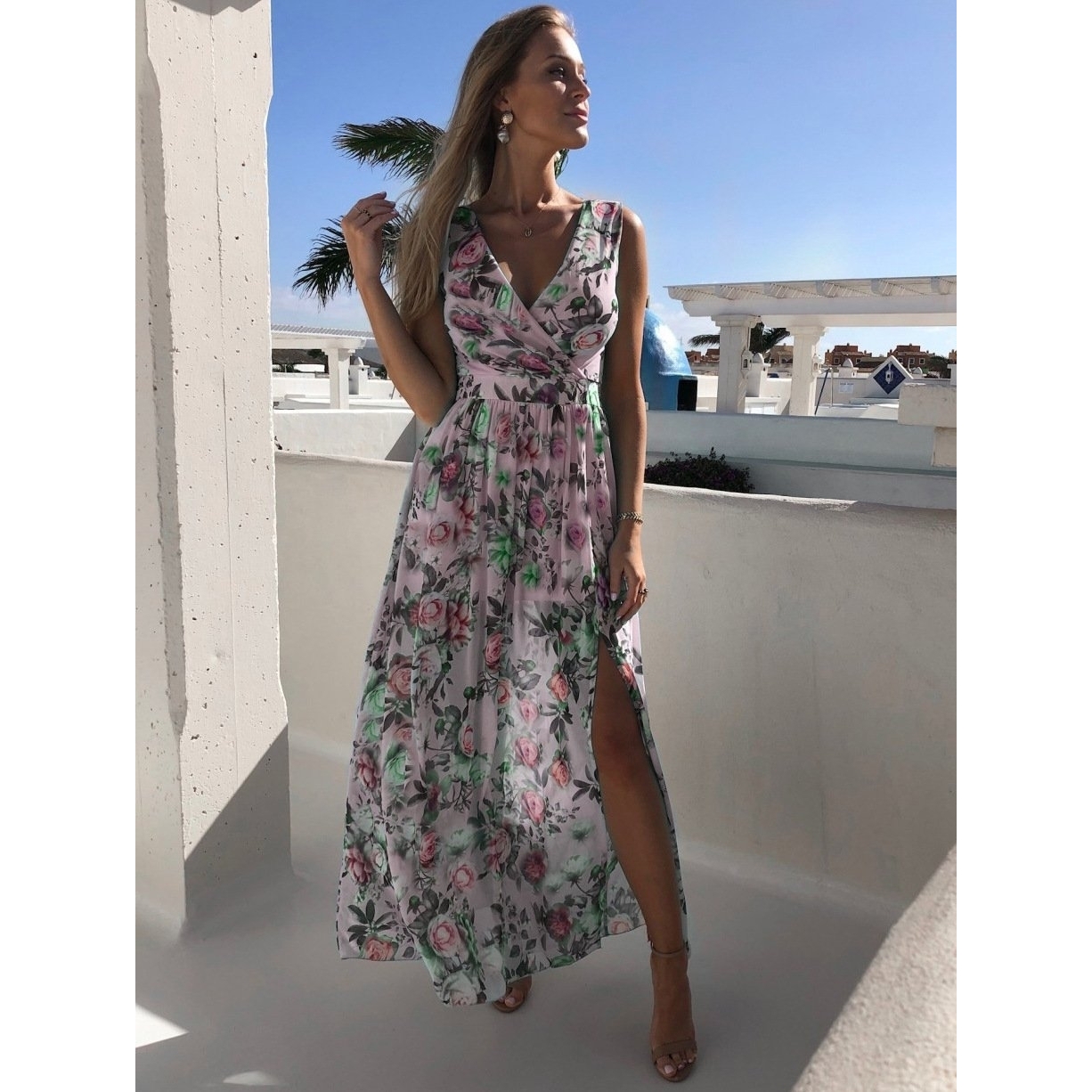 Printed Chiffon Dress Sleeveless Holiday Beach Split Maxi Dress - Green, L