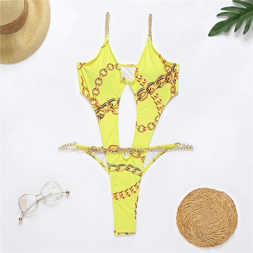 Printed Metal Chain One Piece Swimwear Bikini Swimsuit - Yellow, L