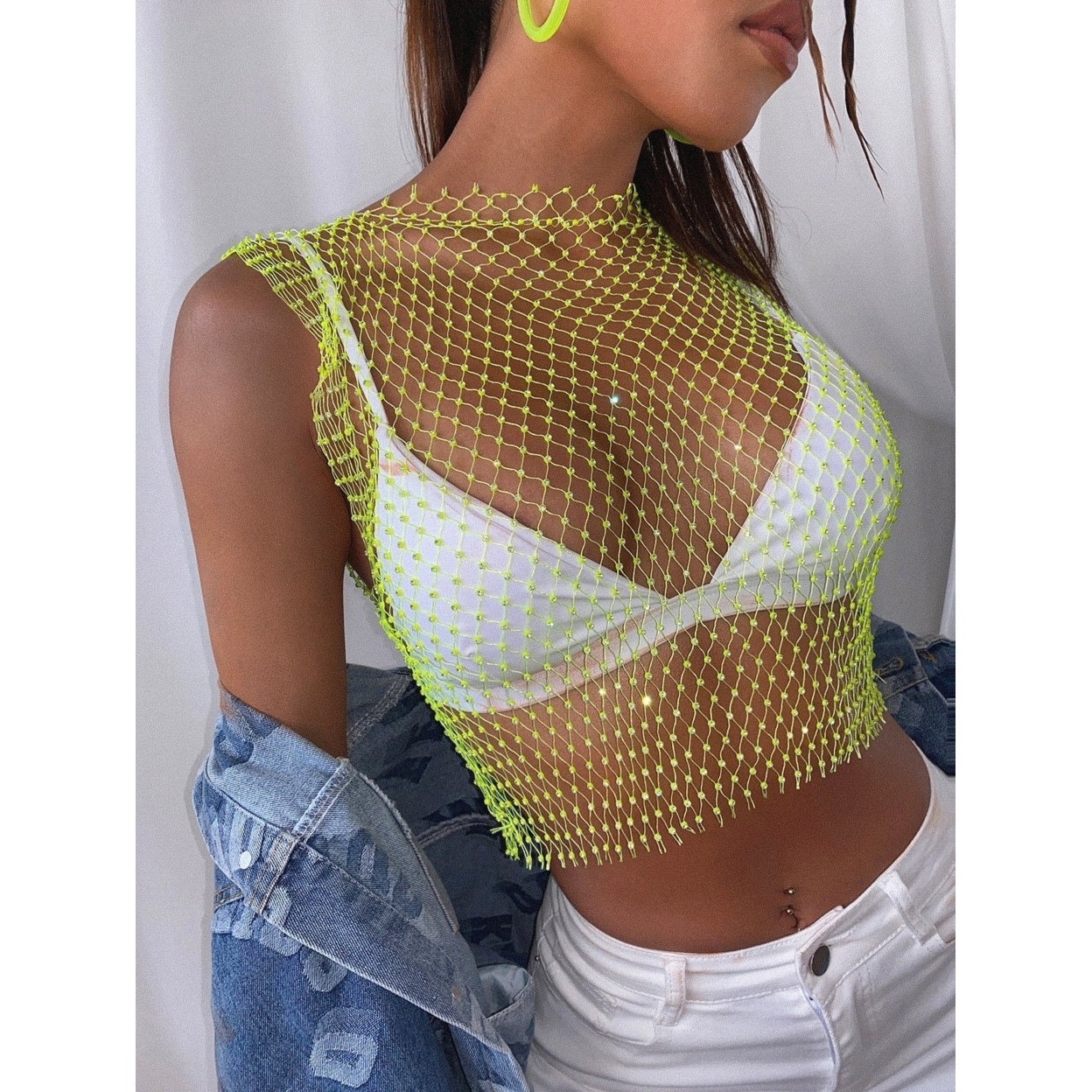 Rhinestone Detail Fishnet Top Without Bra - Lime Green, Xs
