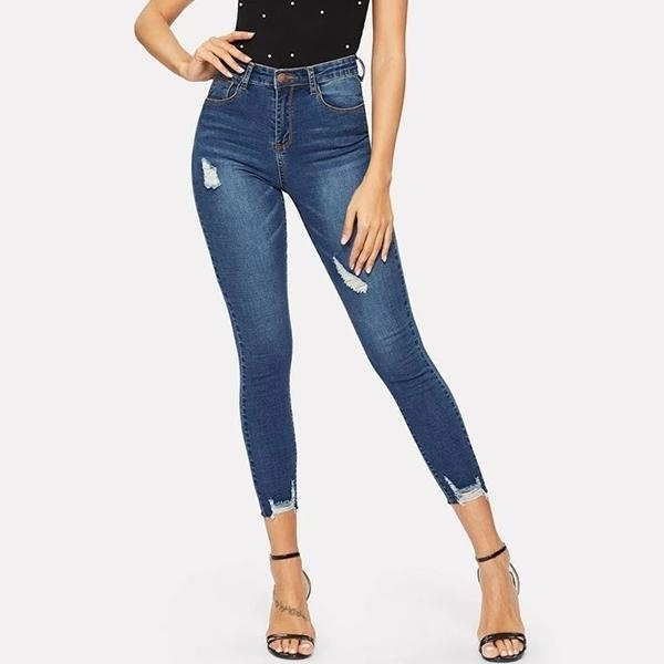 Ripped Frayed Hem Ankle Jeggings Pants Trousers Jeans - M