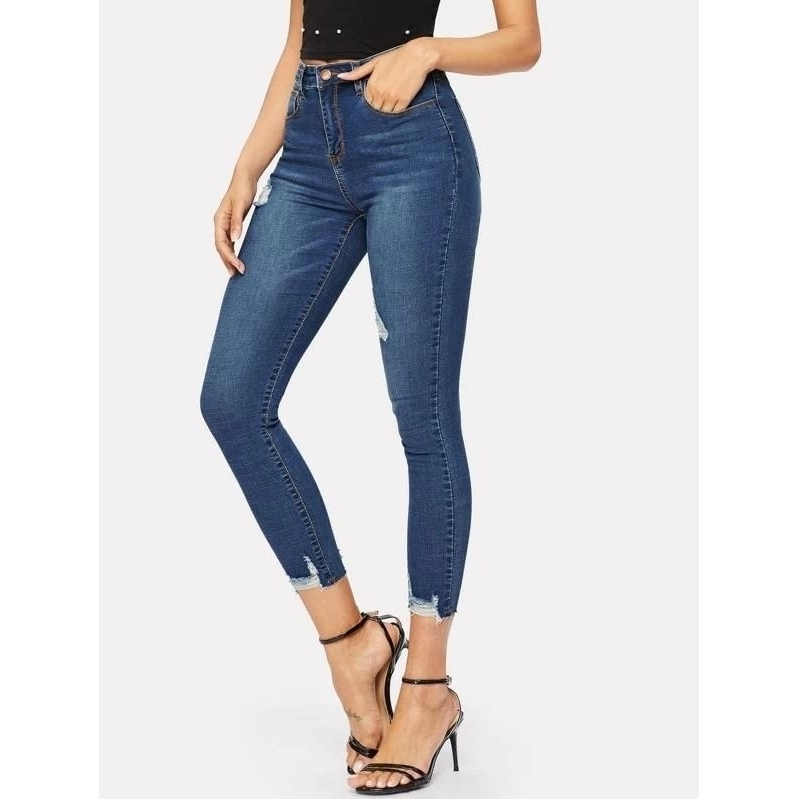 Ripped Frayed Hem Ankle Jeggings Pants Trousers Jeans - S