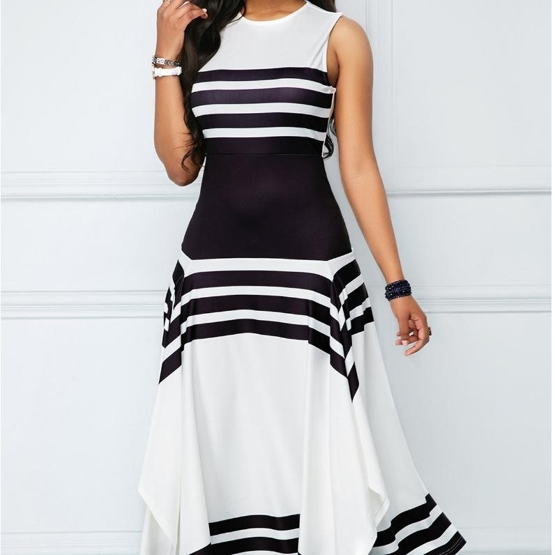 Round Collar Sleeveless Stripe Maxi Dress - Black/white, L