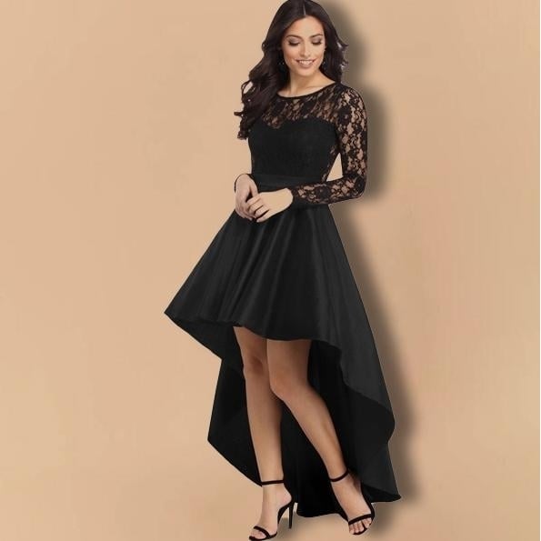 Round Neck Long Sleeve Lace Satin Party Dress - S