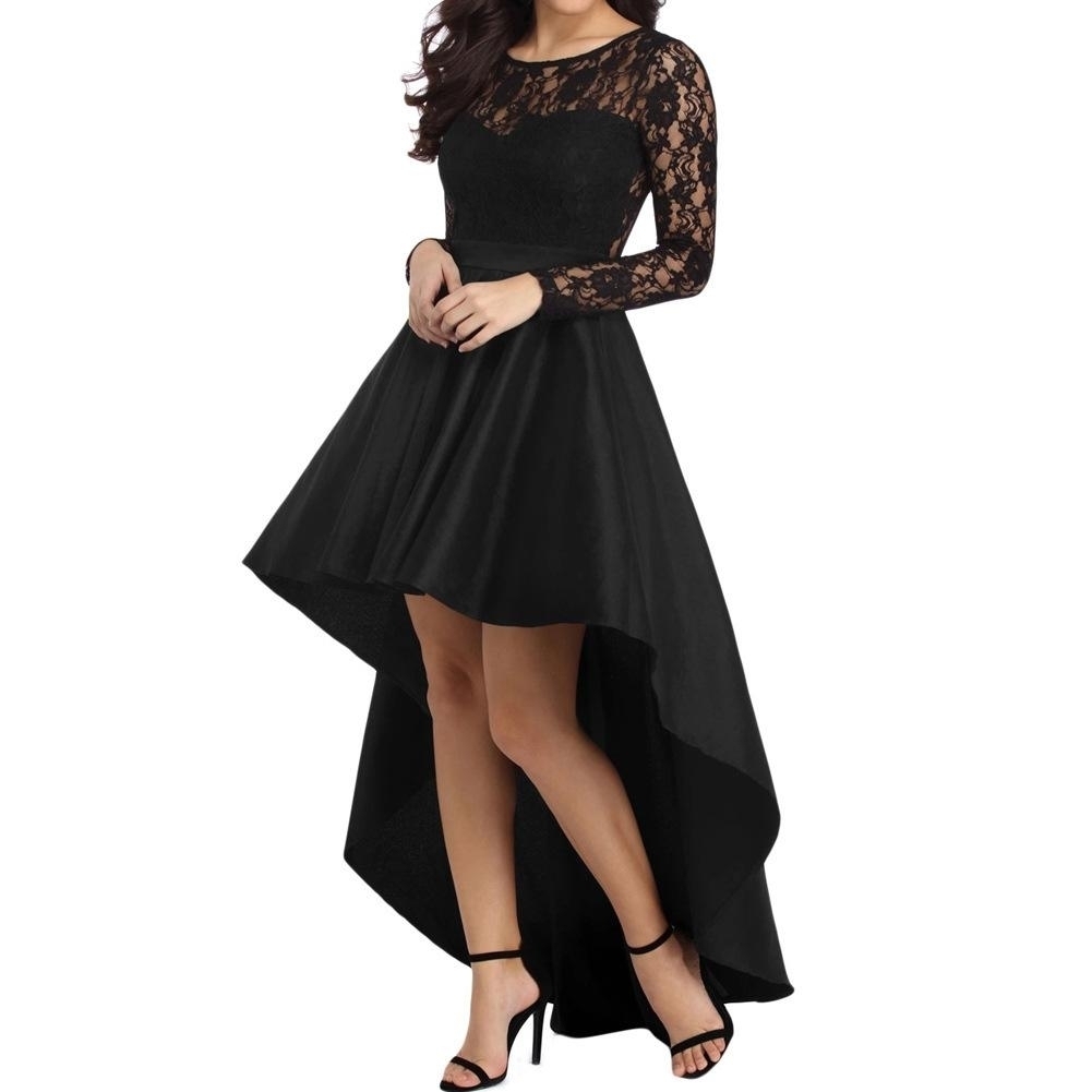 Round Neck Long Sleeve Lace Satin Party Dress - S