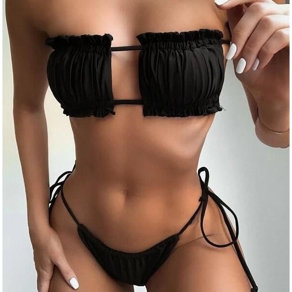Ruched Bandeau Tie Side Bikini Swimsuit - Black, L