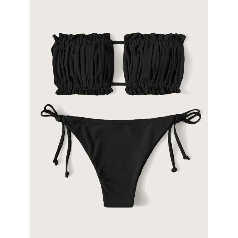 Ruched Bandeau Tie Side Bikini Swimsuit - Green, M
