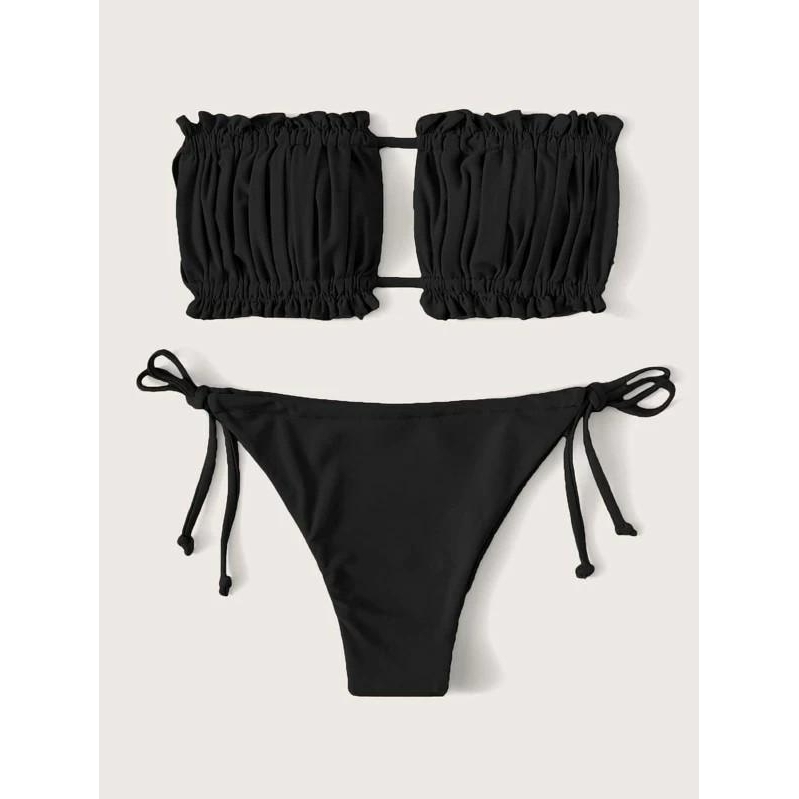Ruched Bandeau Tie Side Bikini Swimsuit - Black, S