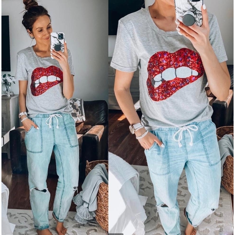 Sequin Mouth Fashion Shirt Top Tee - S