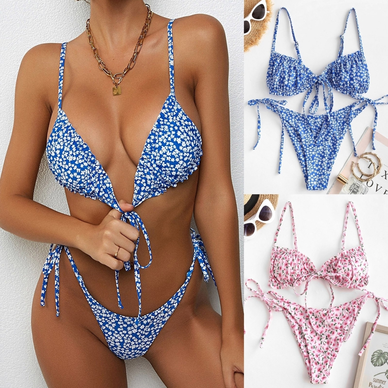 Sexy Flower Print Strap Bikini Set Swimsuit Swimwear - Blue Flower, M