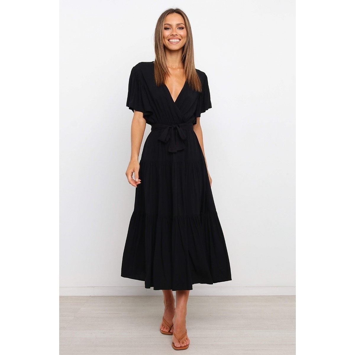 Sexy V-Neck Short Sleeve Solid Maxi Dress - Black, M