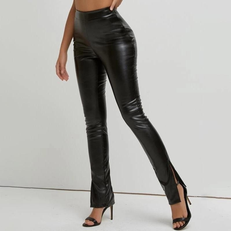 Slit Hem PU Leather Skinny Pants - Black, L