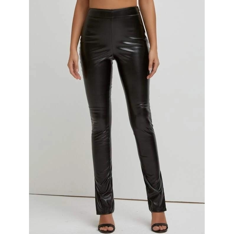 Slit Hem PU Leather Skinny Pants - Black, L
