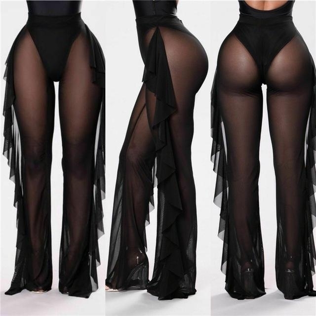 Solid Color Ruffled Sexy Mesh See-through Trousers - Black, Xxl