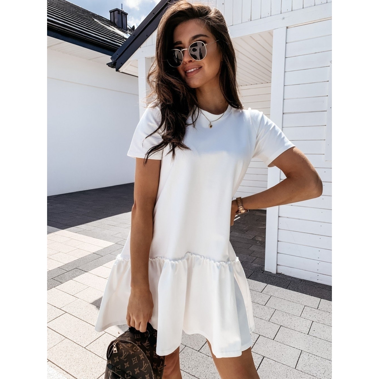 Solid Color Short-sleeved Loose Round Neck Ruffle Dress - White, S