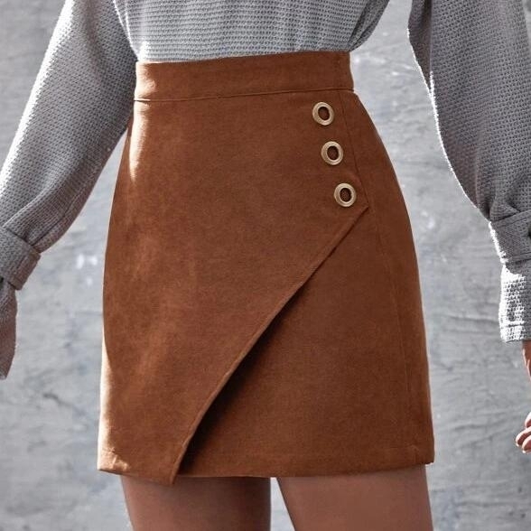 Solid Garment Eyelet Mini Skirt - Brown, M
