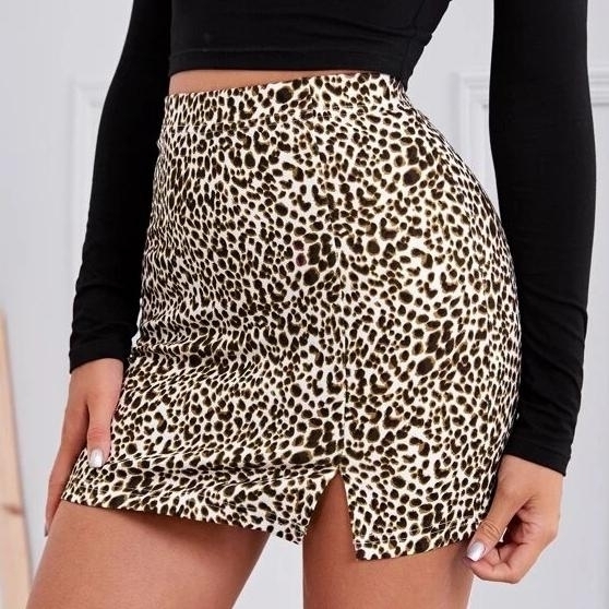Split Hem Leopard Mini Skirt - L