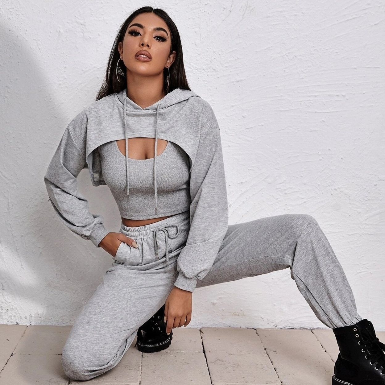 Sports Drawstring Hoodie Loose Stacking Short Short Camisole Sweater Two-piece Suit - Light Gray, S
