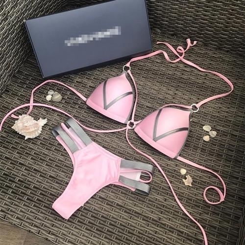 Stamping Stitching Bikini Ladies Sexy Swimwear Swimsuit Bikini - Pink, L
