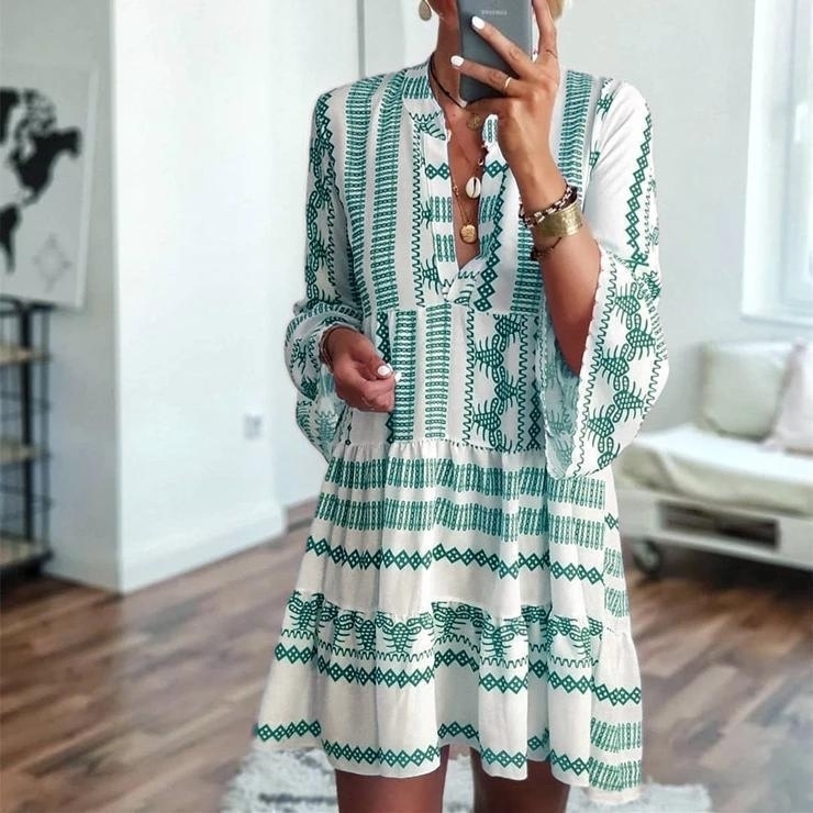 Striped Print Bohemian Long Sleeve Dress - Green, Xl