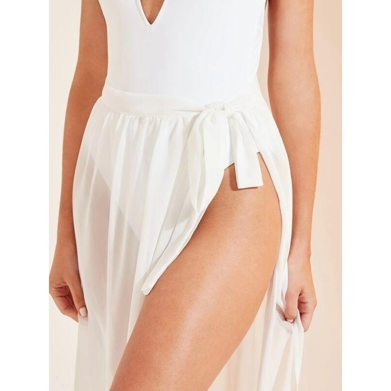 Tie Side Sheer Cover Up Skirt Without Panty - White, Xs