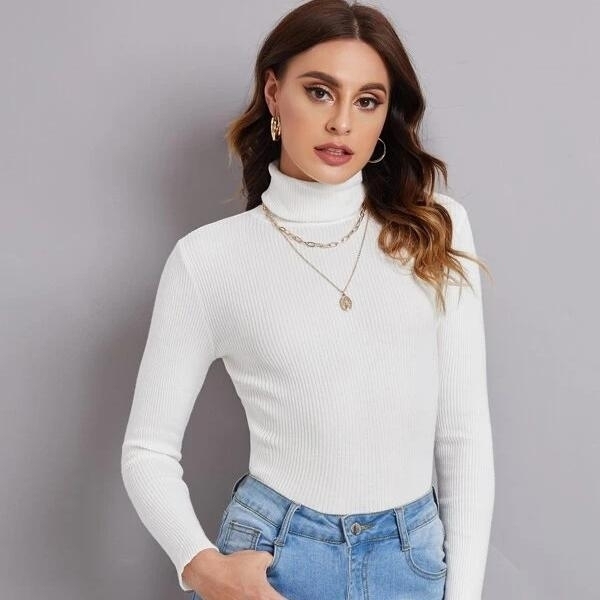 Turtleneck Ribbed Knit Sweater - White, S