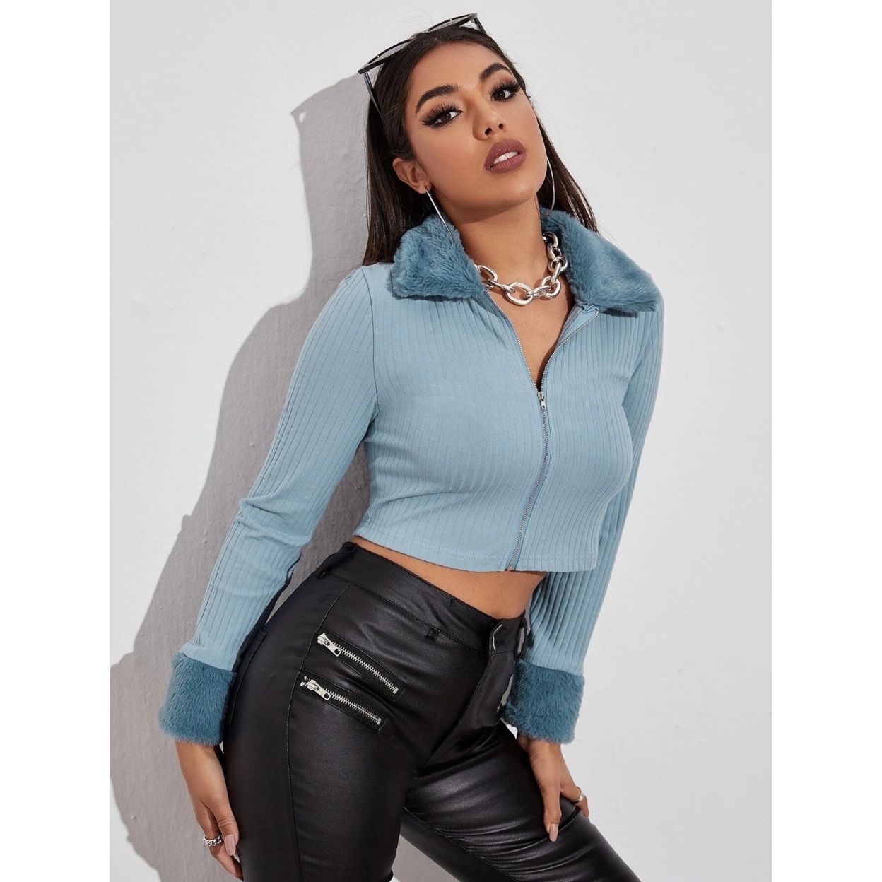 Women's Solid Color Wild Short Navel Open Fur Collar Long Sleeves Zipper Knitted Cardigan - Blue, Xs