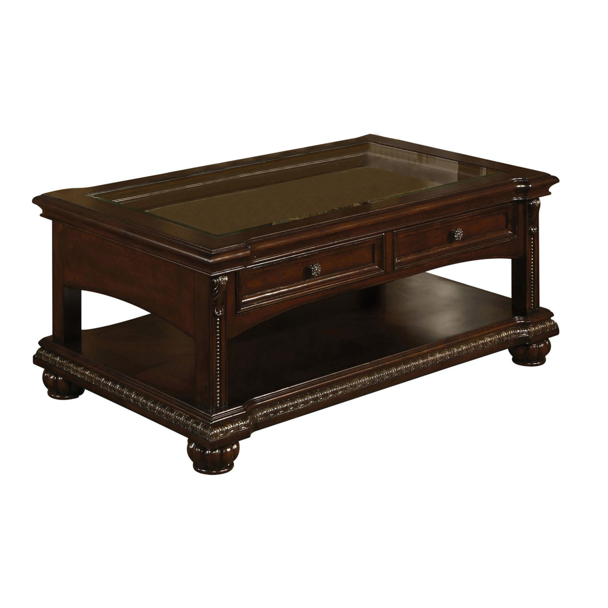 50 Inch Classic Wood Coffee Table, Glass Top, 2 Drawers, Dark Cherry Brown- Saltoro Sherpi