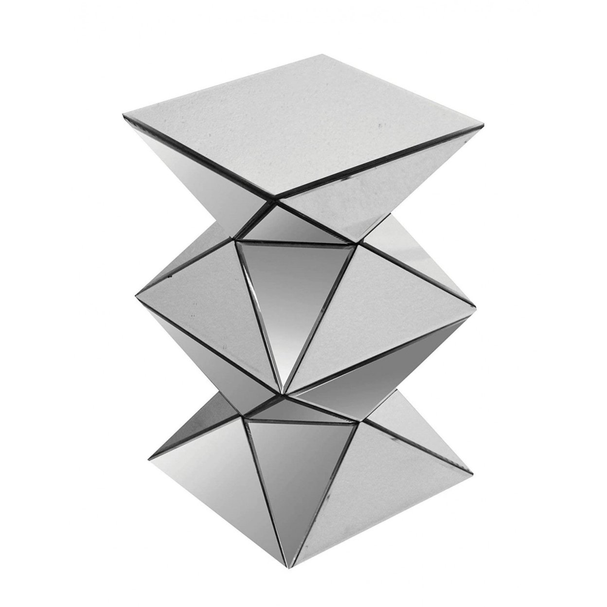 20 Inch Modern End Table, Square Mirror Top, Silver Geometric Pedestal Base- Saltoro Sherpi