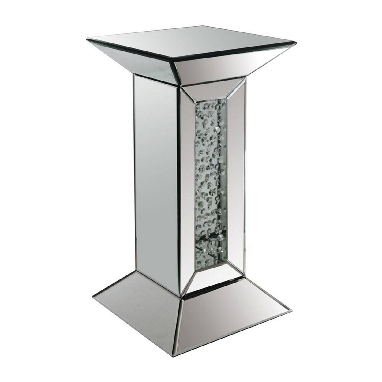 24 Inch Modern End Table, Square Mirror Top, Faux Crystals Inlay, Silver- Saltoro Sherpi