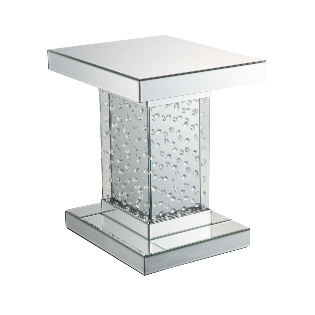 Pali 20 Inch Square Pedestal End Table, Mirrored, Faux Crystal Inlay, Silver- Saltoro Sherpi