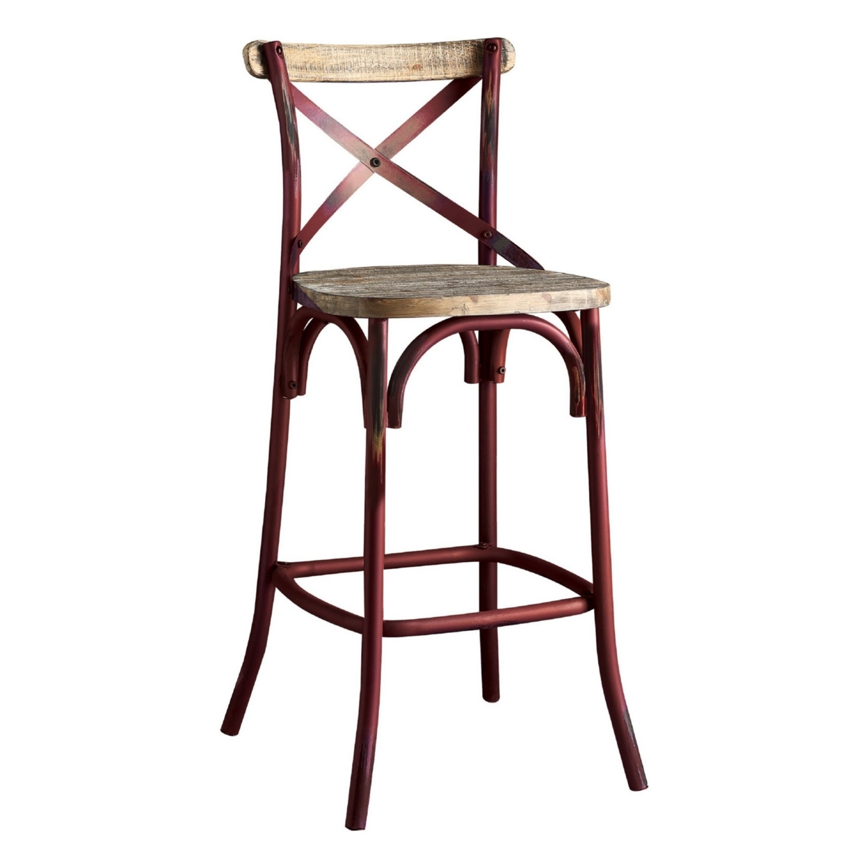 Chad 29 Inch Modern Bar Height Chair, Footrest, X Backrest, Wood, Red, Oak- Saltoro Sherpi