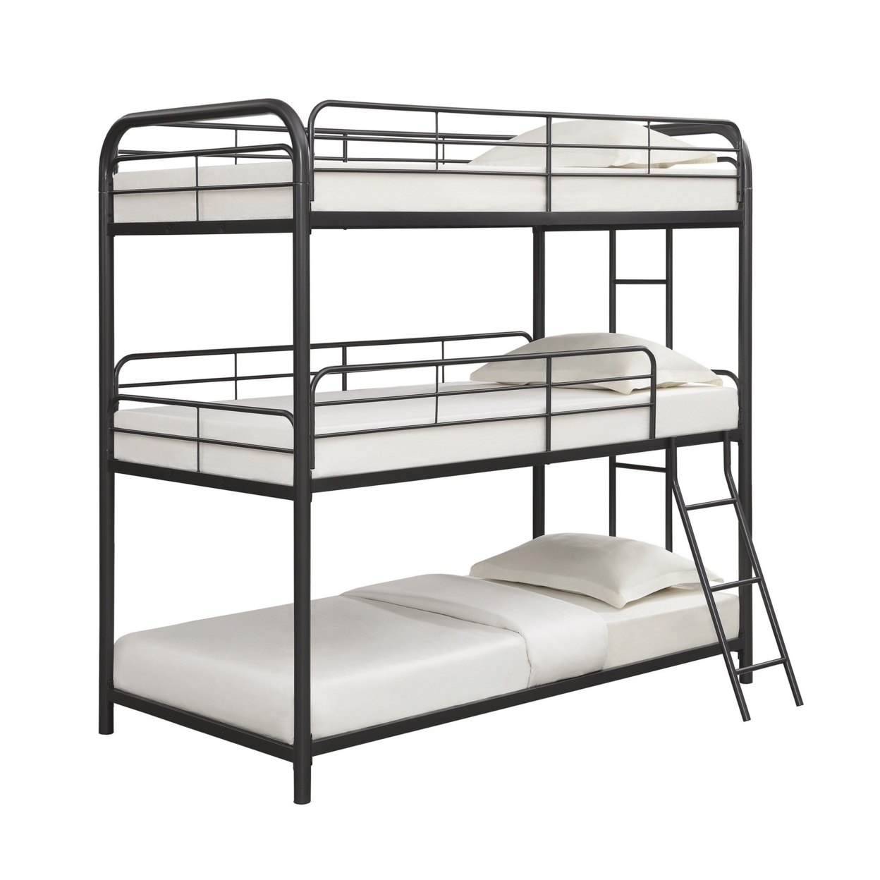Sia 79 Inch Metal Twin Triple Bunk Bed, Guard Rails, Dual Ladder, Black