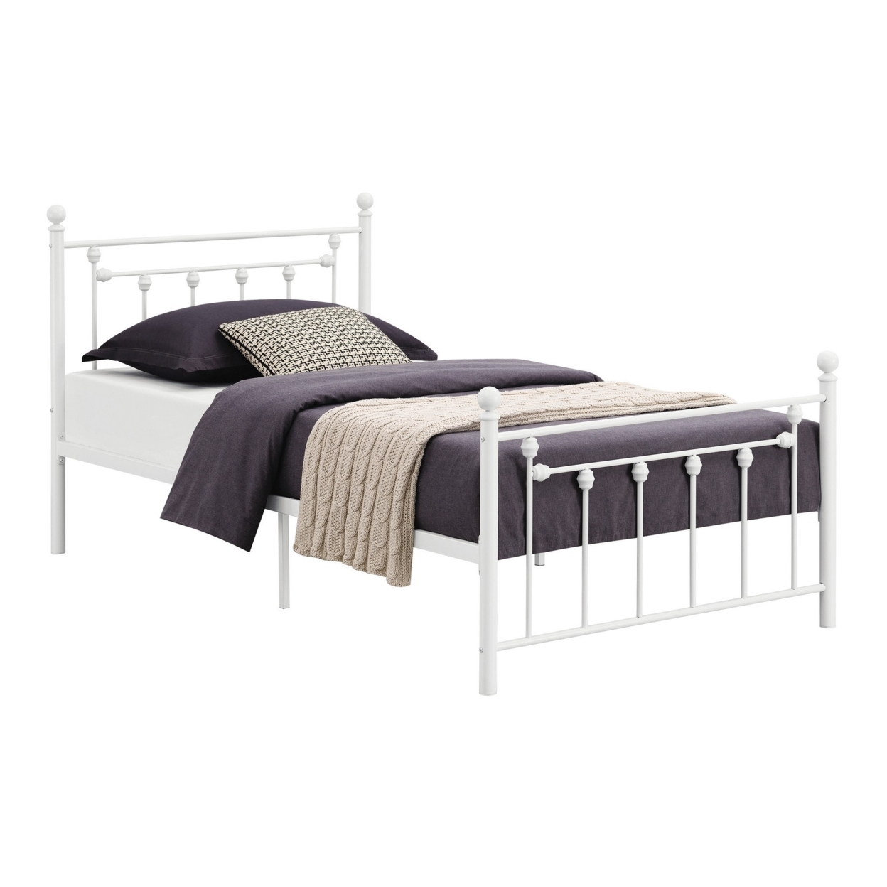 Dio 79 Inch Metal Full Size Bed Frame, Spindle Design, Finial Posts, White