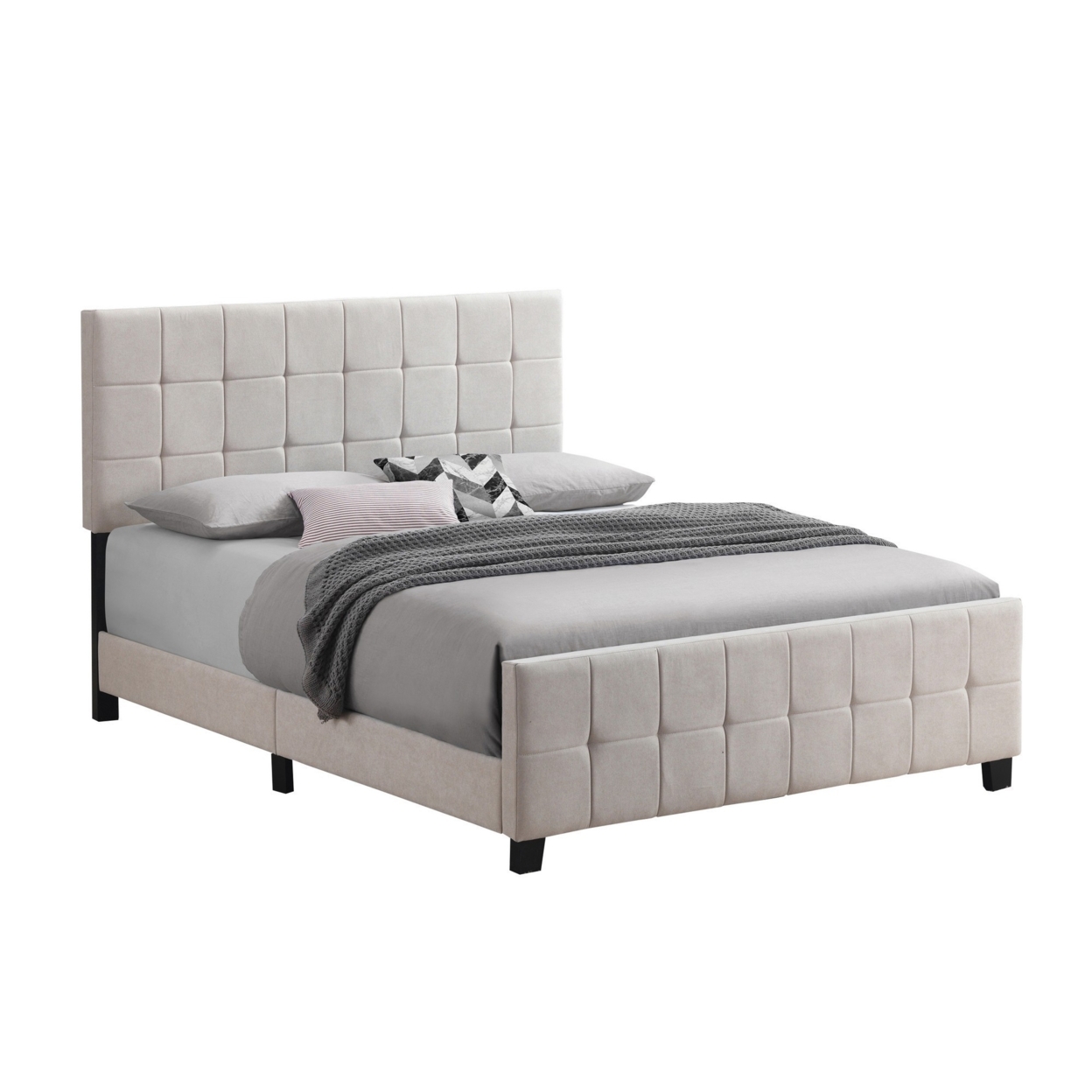 Feny King Bed, Light Gray Fabric Upholstered, Stitched Grid Design