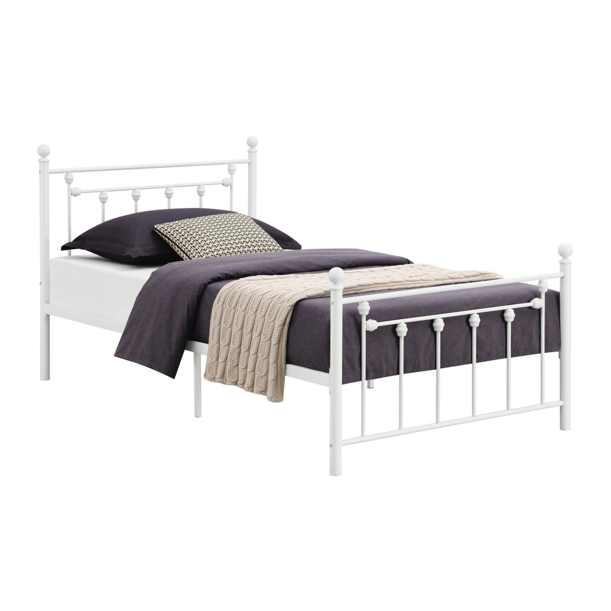 Dio 79 Inch Metal Twin Size Bed Frame, Spindle Design, Finial Posts, White