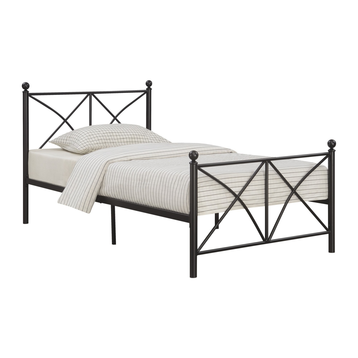 Adam 79 Inch Metal Twin Size Bed Frame, Crossed Bars, Matte Black