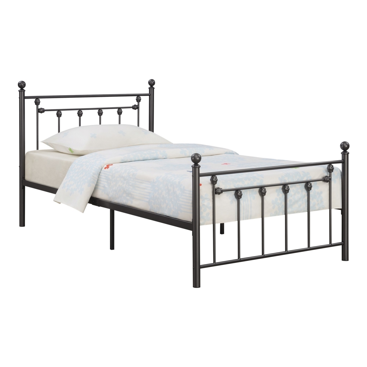 Dio 79 Inch Metal Twin Size Bed Frame, Spindle Design, Finial Posts, Black